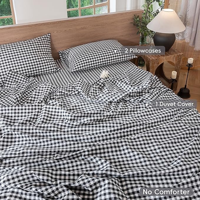 MooMee Gingham Duvet Cover Set 100% Washed Cotton Linen Like Textured Breathable Durable Soft Comfy Modern Checkered Design (Black White Gingham, Super King 108"x98")