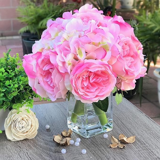 Enova Home Peony and Hydrangea Mixed Artificial Silk Flower Arrangement with Clear Glass Vase for Home Wedding Decor (Pink)