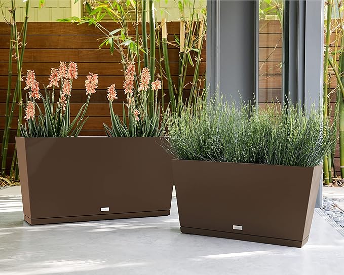 Veradek Midori Long Trough Planter (Espresso, 31 inch - 2 Pack with 2 Saucer Trays)