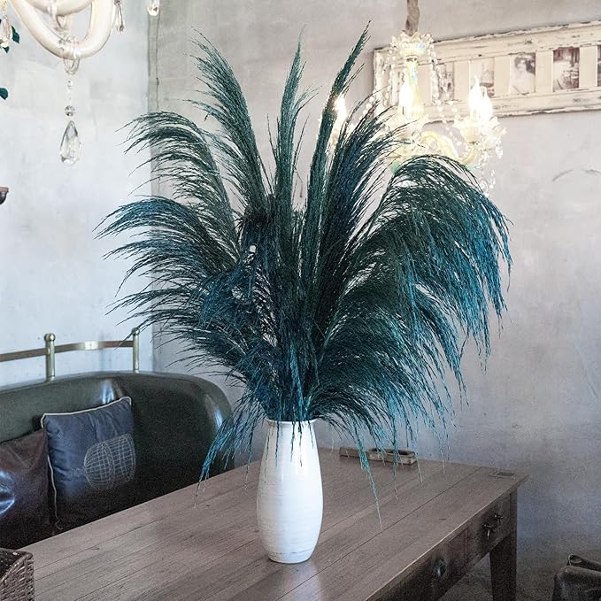 Pampas Grass Decor Tall,Long Pampas, Large Pompas Floral, Elegant Feather Flowers for Wedding Decorations, Living Room Decor (Natural Teal, 6pcs 43.3"(110cm))