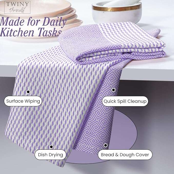 TWINY threads Kitchen Towel Diamond Pattern, Premium Large Kitchen Linen Set, 100% Cotton Wash Rags, Absorbent Quick Drying Cloths, Washable Reusable Multi Purpose, Set of 4, 18x26 Inches, Lavender