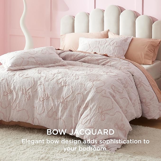 Bedsure Pink Duvet Cover Queen Size with Bowknot Jacquard Design, Soft and Elegant Boho Bedding Set, Luxurious Craftsmanship for a Stylish Bedroom,Includes 1 90"x90" Duvet Cover & 2 Pillow Shams