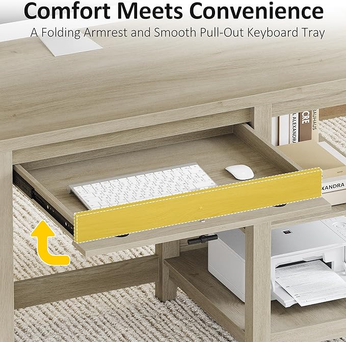 58" Executive Desk with Foldable Keyboard Tray and Charging Station, Farmhouse Wood Home Office Desk with Drawers and Magazine Rack, Large Writing Computer Desk for Home Office and Study, Brown