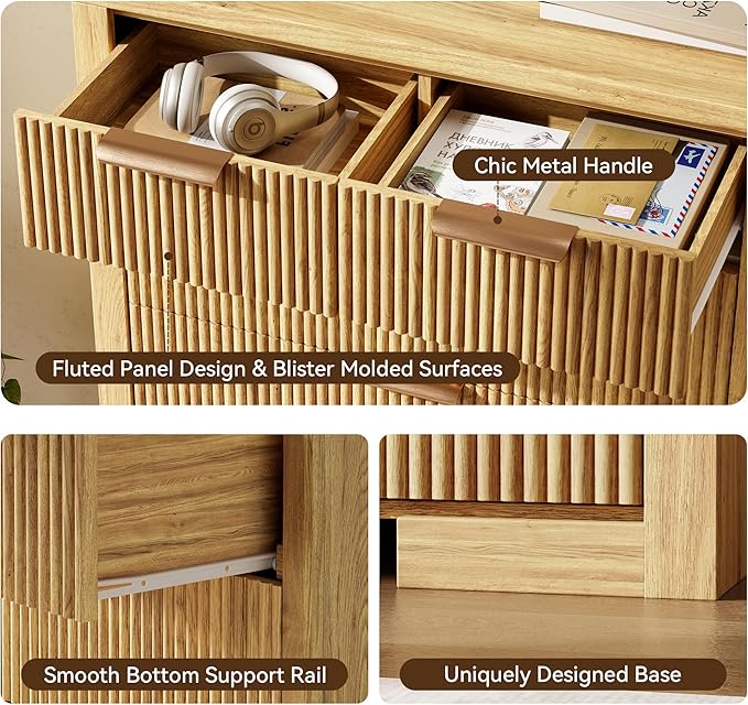 Fluted Dresser for Bedroom, 45" Tall Modern Chest of Drawers with 6 Drawers, Wood Closet Clothes Storage Organizer for Living Room, Wooden Dresser for Hallway, Natural Oak