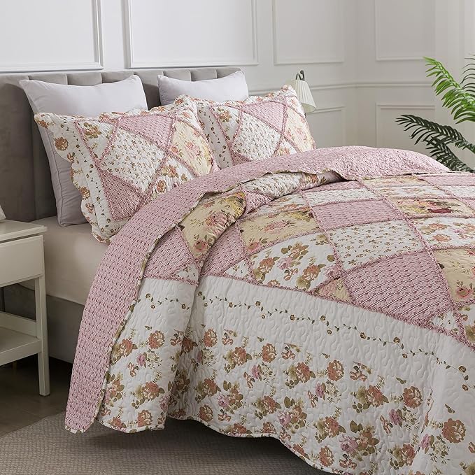 HoneiLife Queen Quilt Bedding Sets - Floral Quilt Bedding Sets 3-Piece 90x96, Lightweight Bedspreads Patchwork Coverlet Rustic Bedding Set All Season Quilts