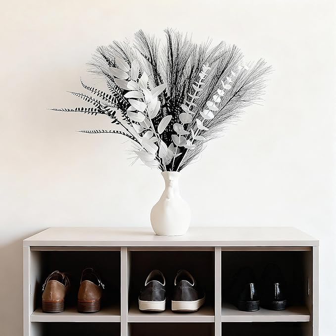 Black and white artificial bouquet in minimalist Nordic style, featuring artificial eucalyptus leaves and pampas grass for home decor, perfect as a centerpiece for hotel desks or dining tables.