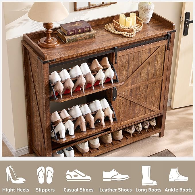 OKD Shoe Storage Cabinet with 2 Flip Drawers & Sliding Door, Farmhouse Entryway Shoe Organizer, Freestanding Rustic Hidden Shoe Rack Cabinet for Entryway, Reclaimed Barnwood