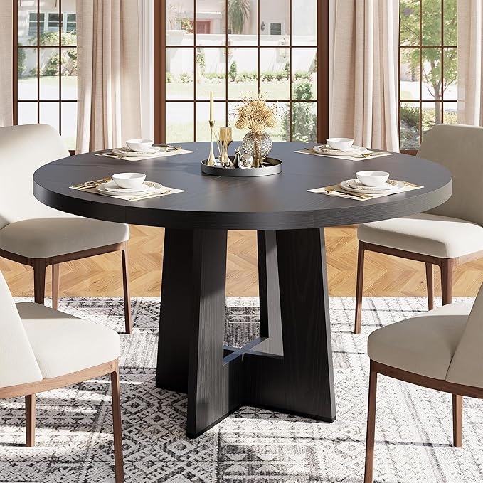 Garvee 47" Round Dining Table for 4-6 People - Circle Kitchen Dinner Table with Sturdy Pedestal Base, Space Saving Dinning Room Furniture for Living Room, Kitchen, Apartment, Black