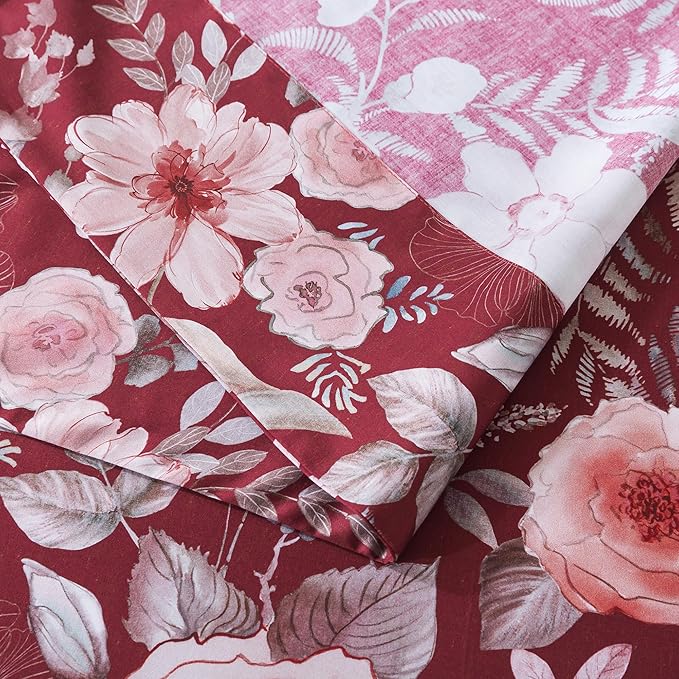 FADFAY Floral Sheets Set King Vintage Red Floral Bedding Shabby Pink Rose Elegant Peony Sheets Rustic Farmhouse Bedding 800 Thread Count 100% Egyptian Cotton Deep Pocket Fitted Sheet 4Pcs, King Size