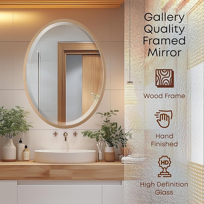OVALCREST - Oval Wooden Beveled Wall Mirror for Home Decor, Bathroom, Vanity, Bedroom, Living Room, Hallway - London Style (Gold Spray) 17.1 x 13.1