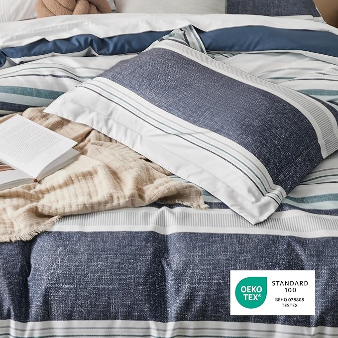 Bedsure Duvet Cover Queen Size - Reversible Striped Duvet Cover Set with Zipper Closure, 3 Pieces Blue Bedding Set with 8 Corner Ties and 2 Pillow Shams 20"x26"