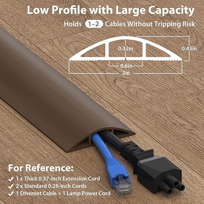 ZhiYo 4ft Cord Hider Floor, Soft PVC Cord Covers for Wires on Floor, Wire Cover to Hide Extension Cords, Cable Cover Protect Cords & Prevent Trips, Cable Cavity: W0.6in x H0.32in, Vintage Coffee Brown
