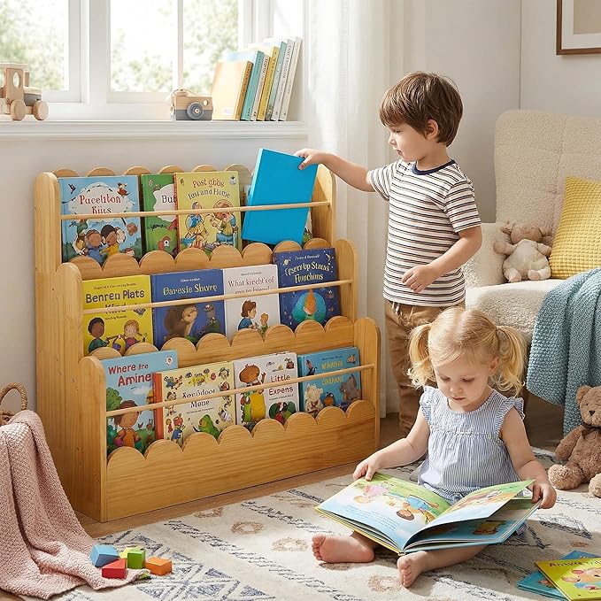 Scalloped Design | 3-Tier Montessori Solid Wood Kids Bookcase | 29.6" Wide Toddler Storage Shelf | Easy Access Floor Display Furniture for Playroom/Nursery