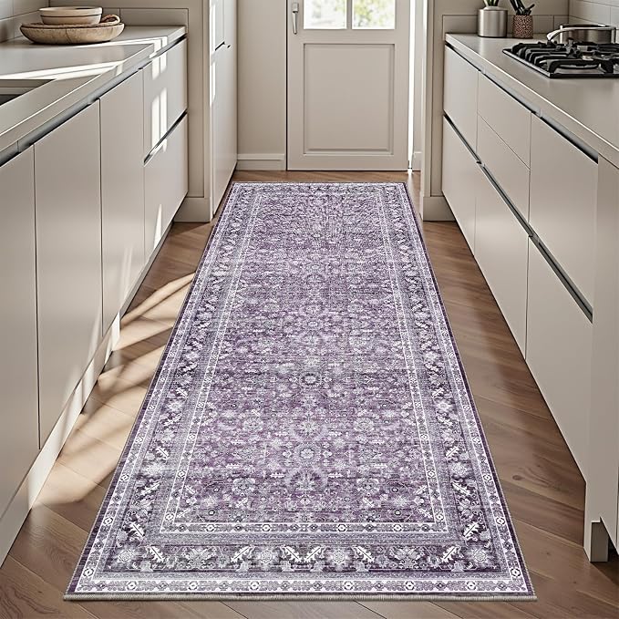 OPPODREAM Vintage Purple 3x6 Runner Rug, 3 x 6 Retro Washable Rug Non Slip, Low-Pile Faux Wool Carpet, Distressed Floor Mat for Kitchen, Hallway, Entry-Way, Entrance, Indoor Back Door