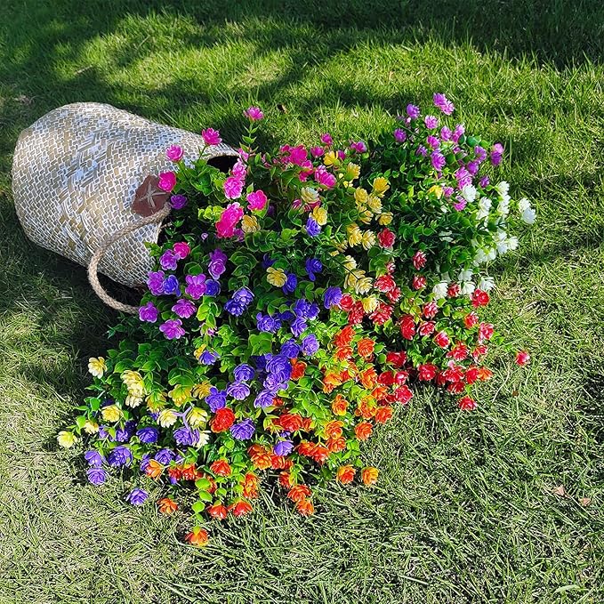 21 Bundles Outdoor Faux Plants UV Resistant Faux Bushes Plastic Artificial Flowers Fake Outdoor Plants for Home Garden Decor (7 Colors)