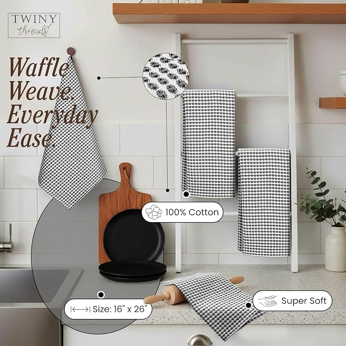 TWINY threads 4 Pack Circle Waffle Dish Towels 16x26 Inches, 100% Cotton, Premium Quality Cotton Towel, Quick Drying, Commercial Grade Wash Rags, Ideal for Bar Mops, Modern Kitchens, Black