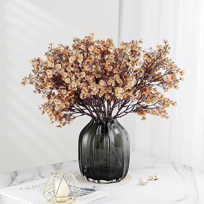 Babys Breath Silk Artificial Flowers Bulk With Vase 10pcs for Fall Decor Fake flower bouquet Bulk for Home Kitchen Indoor Bouquet Floral Arrangement Table Centerpieces Party Decor(Khaki With Vase)