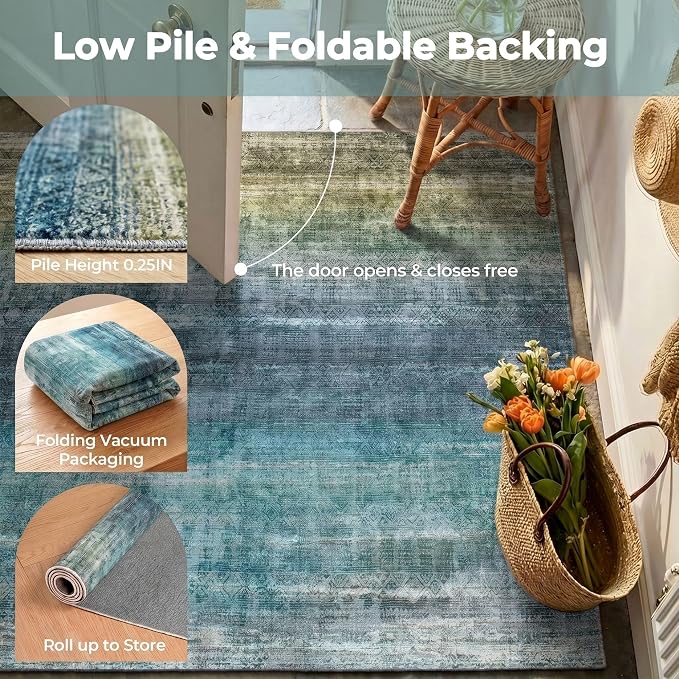 Kokia Abstract Teal Area Rugs 6x9 Boho Washable Distressed Retro Indoor Floor Rug Multicolor Low Pile Non-Slip Non-Shedding Carpet Bedroom Living Room Dining Room, Blue and Green