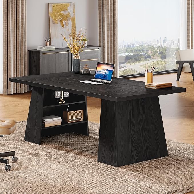 Tribesigns 63-Inch Executive Desk, Modern Black Office Desk with Double Pedestal and Storage Shelves, Simple Large Computer Writing Conference Table Workstations Business Furniture for Home Office