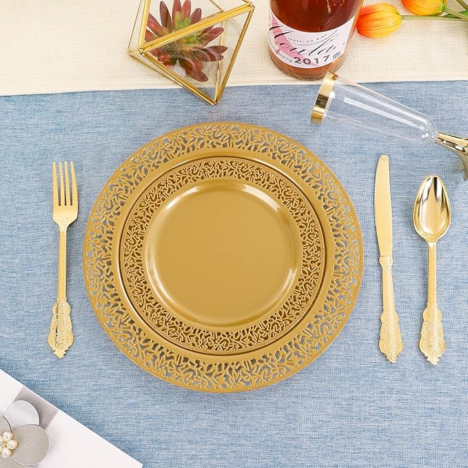 DaYammi 210Pcs Solid Gold Disposable Plates with Silverware and Cups,Christmas Plastic Plates for Party Include: 30 Dinner Plate,30 Dessert Plate,30 Rolled Napkins with Cutlery,30 Cups for Wedding