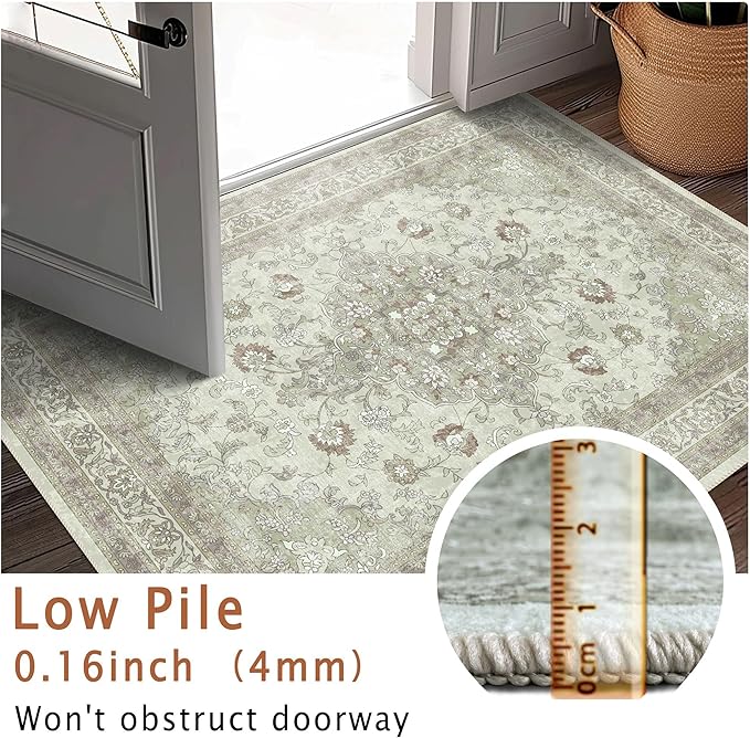 vivorug Sage Green 5x7 Area Rugs - Ultra-Thin Washable Rug with Non-Slip Backing, Ideal for Living Room, Bedroom, Kitchen Floor Carpet - Vintage Floral, Easy Clean, Durable, Low Pile