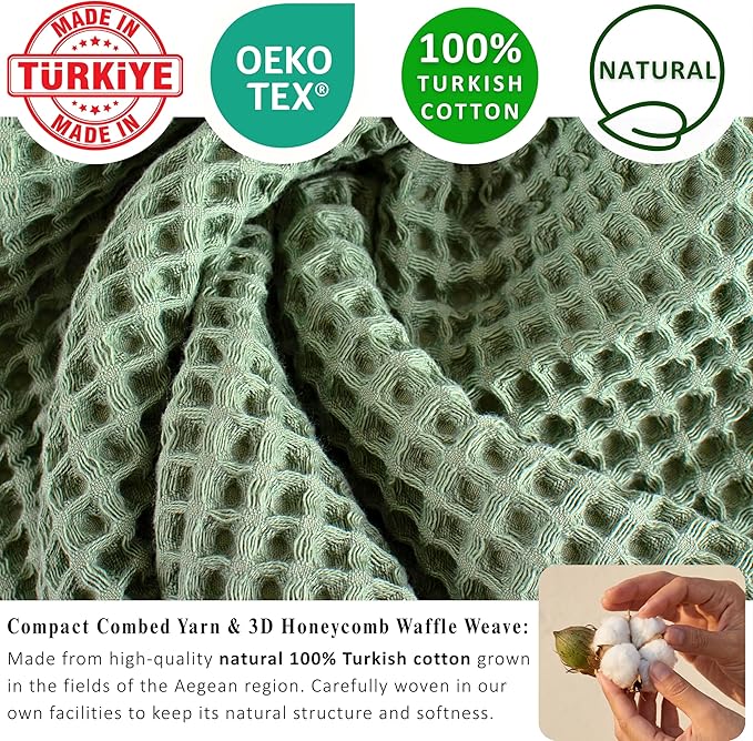 PÜSKÜL Natural 100% Turkish Cotton Waffle Kitchen Towels Set of 3 | Oeko-Tex, Premium Waffle Hand Towels for Bathroom | Soft Absorbent Quick-Dry Lint-Free Dish Towel Large 32x16 inch (3, Sage Green)