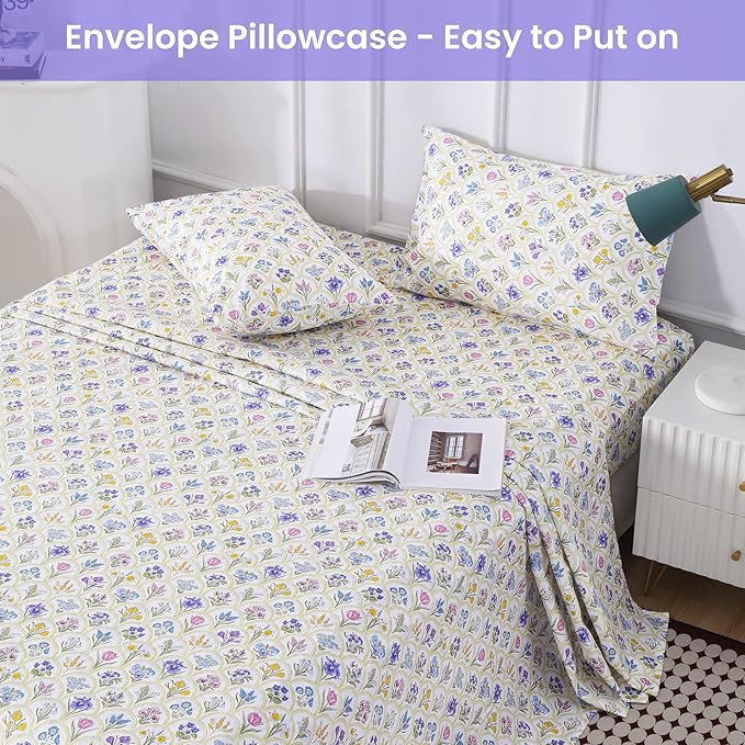 Softan Floral Full Sheet Set, 4-Piece Microfiber Printed Fitted Sheet with 15" Deep Pockets & Non-Slip Straps, Multi Flower Patterned Double Bedding Sheets & Pillowcase Set