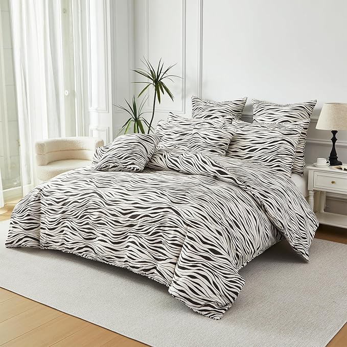 FADFAY Zebra Duvet Cover King, 100% Cotton Chocolate and White Animal Print Bedding Set, 3 Pieces with Zipper Closure & Corner Ties
