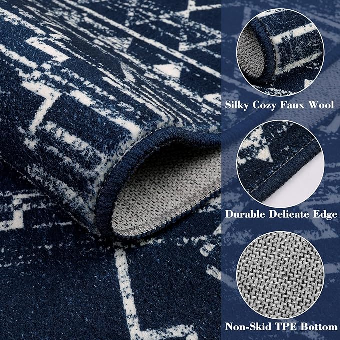 Wonnitar Moroccan Washable 9x12 Rug, Large Blue Rugs for Bedroom, Non-Slip Soft Living Room Area Rug, Boho Non-Shedding Ultra-Thin Floor Carpet for Dining Guest Room Home Office (Blue,9'x12')
