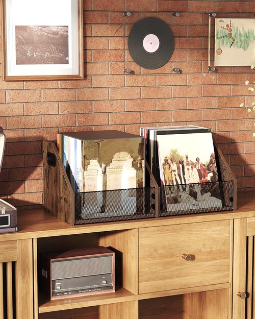 CHOEZON Vinyl Record Storage - Double-Compartment 27.6" Holder with Metal Mesh Organizer | Rustic Brown