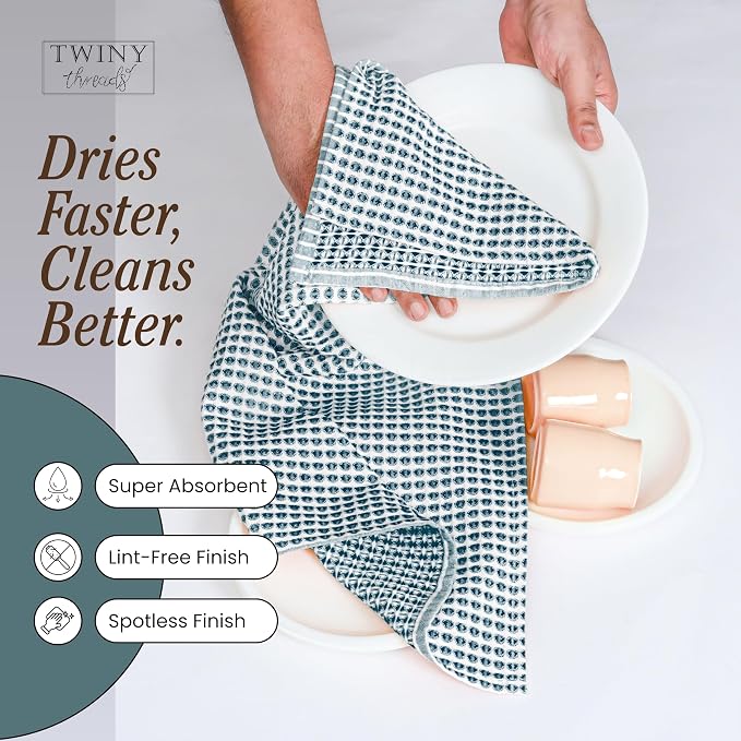 TWINY threads Circle Waffle Kitchen Dish Towels 16x26 Inches, Set of 4, 100% Cotton, Premium Quality, Durable, Waffle Texture, Multi Use Cleaning Cloths, Ideal for Home Kitchens, Hotels, Teal Green