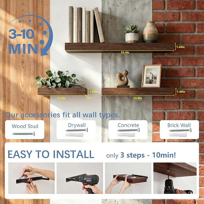 Floating Shelves for Wall, Bathroom Shelves Over Toilet, Wall Shelves & Book Shelf for Room, Hanging Shelf, Modern Wooden Mounted Floating Shelves, 24x7x1.5 in (Walnut-Like, Set of 3)