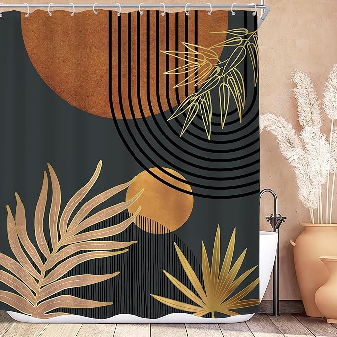 KOMLLEX Mid Century Brown Black Boho Shower Curtain 72Wx84L Inches Abstract Modern Shower Curtain for Bathroom Decor Plant Botanical Minimalist Arch Sun Fabric Liner Waterproof Polyester 12 Pack Hooks