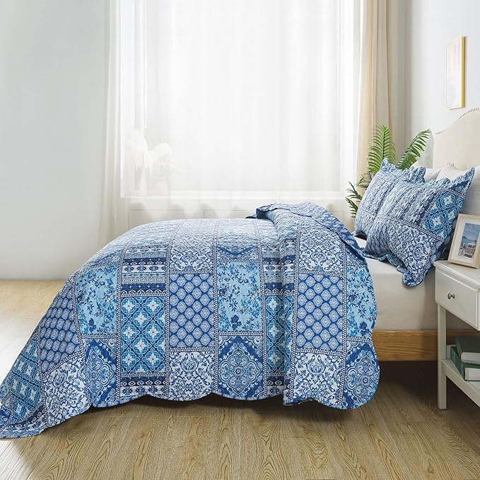 HoneiLife Rustic Quilt Sets Queen - 3 Pieces Microfiber Quilt Sets Lightweight Bedspreads Floral Coverlets Retro Bed Cover All Season Quilts-Blue
