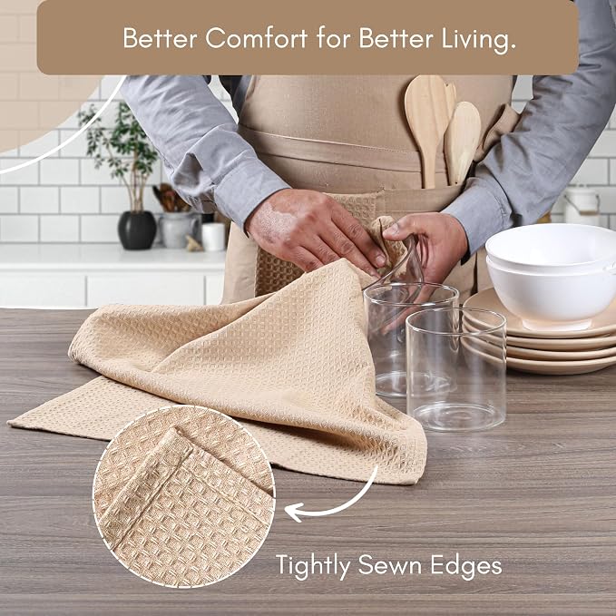 TWINY threads Kitchen Towel Waffle Weave, 6 Pack, 16x26 Inches, Premium Cotton Dish Rags, Absorbent Quick Drying Linen for Home and Restaurant Kitchens, Reusable Wash Cloths for Drying Dishes, Beige