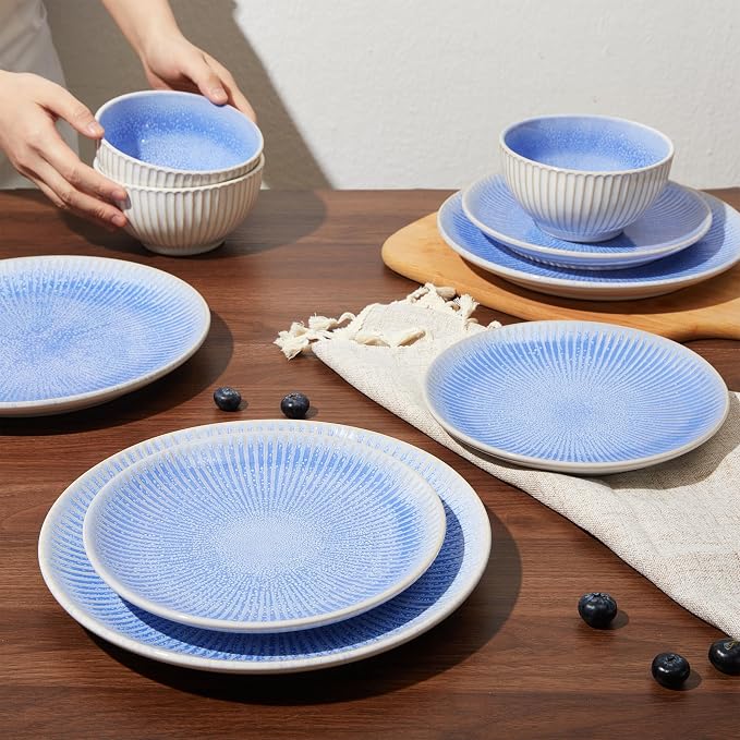 Pokini Ceramic Dinnerware Sets, Handmade Reactive Glaze Plates and Bowls Sets, Highly Chip and Crack Resistant Dish Set, Distinctive Granulated Surface Dishwasher & Microwave Safe Service for 4