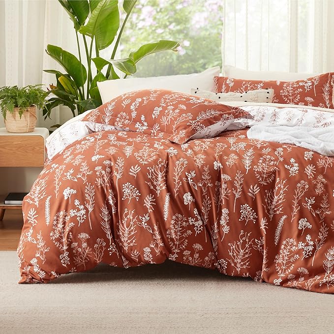 Bedsure Duvet Cover Queen Size - Reversible Terracotta Queen Duvet Cover Set with Zipper Closure, 3 Pieces Floral Patterned Bedding Set with 8 Corner Ties and 2 Pillow Shams