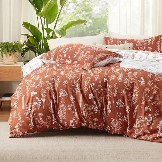 Bedsure Duvet Cover Queen Size - Reversible Terracotta Queen Duvet Cover Set with Zipper Closure, 3 Pieces Floral Patterned Bedding Set with 8 Corner Ties and 2 Pillow Shams