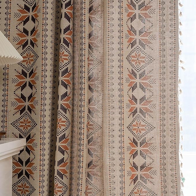 Boho Western Curtains 84 Inch Length 2 Panels Geometric Patterned Drapes Bohemian Semi Sheer Rod Pocket Tassel Window Curtain Panels Bedroom Living Room Farmhouse Coffee Brown Vintage Rustic Curtains