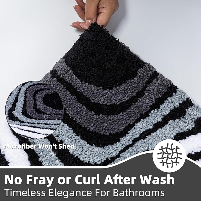 High Pile Tufted Bath Mat Non Slip Absorbent, Ultra Soft Microfiber Bathroom Rug with 3D Striped Pattern, Funky Small Rug for Sink, Toilet, Tub, Machine Washable, 16"x24", Black