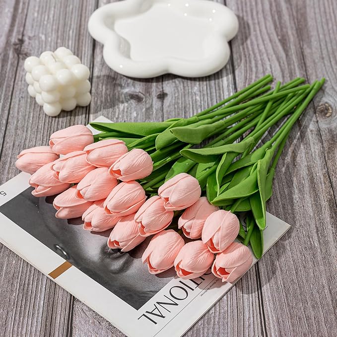 KAOYOO 18PCS Artificial Tulip Flowers Bouquet - Faux Latex Tulips for Home Decor,Office Desk,Kitchen Table,Wedding Centerpiece,Party,Spring Decoration(Pink,18 Pack)