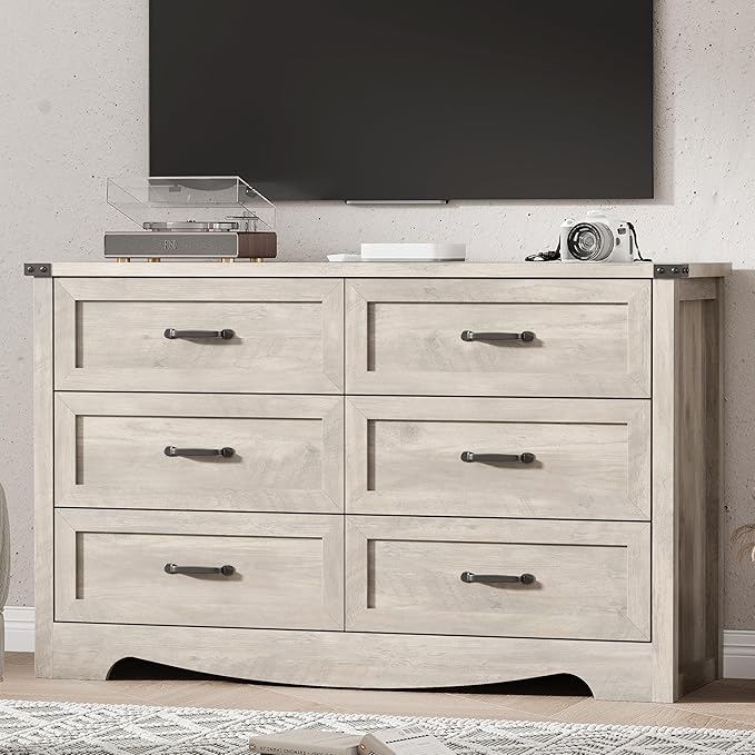 Dresser for Bedroom with 6 Drawers, 54" Wide Wood Chest of Drawers with Deep Drawers & Mental Handle, Modern Dresser TV Stand, Wooden Closet Storage Organizer for Living Room, Hallway, Entryway, Grey