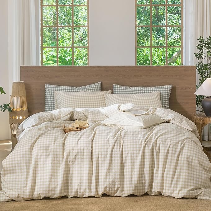 MooMee Gingham Duvet Cover Set 100% Washed Cotton Linen Like Textured Breathable Durable Soft Comfy Modern Checkered Design (Almond Milk Grey Gingham, Cal King 104"x98")