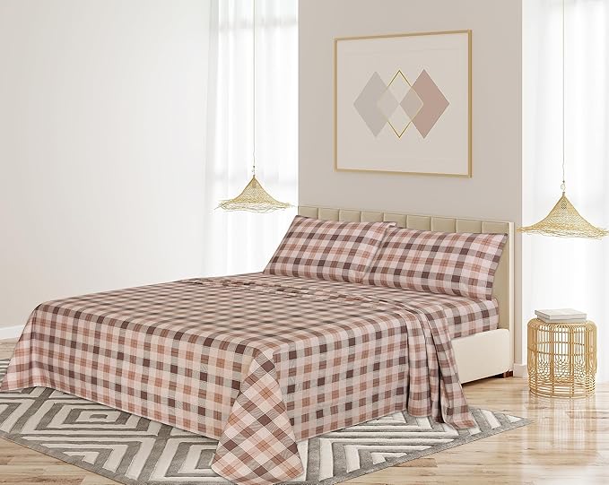 RUVANTI Flannel Sheets Twin XL Size - 100% Cotton Double Brushed Twin XL Sheet Sets, Deep Pockets 16 Inches, All Seasons Breathable & Extra Soft Bed Sheets, Warm & Cozy, 3 Piece, Beige & Grey Plaid