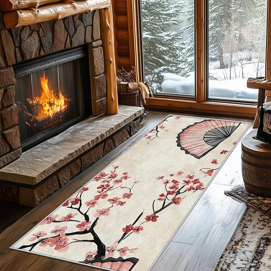 Japanese Cherry Blossom Runner Rug 3x12, Oriental Fan Design, Asian Area Rug, Washable Carpet Runner for Bedroom, Standard Hallways, Kitchen Walkway, Dining Room Sideboard