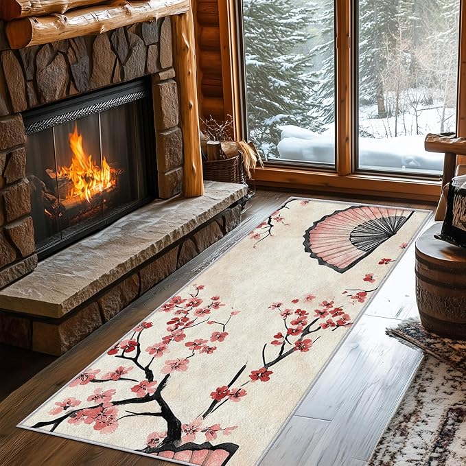 Japanese Cherry Blossom Runner Rug 3x7, Oriental Fan Design, Asian Area Rug, Washable Carpet Runner for Bedroom, Standard Hallways, Kitchen Walkway, Dining Room Sideboard