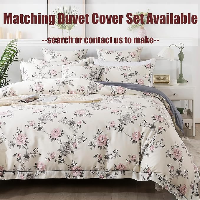 FADFAY Floral Sheets Set Twin Vintage Rose Floral Bedding Shabby Grey and Pink Peony Print Sheets Farmhouse Bedding 800 Thread Count 100% Egyptian Cotton Soft Deep Pocket Fitted Sheet 4Pcs, Twin Size