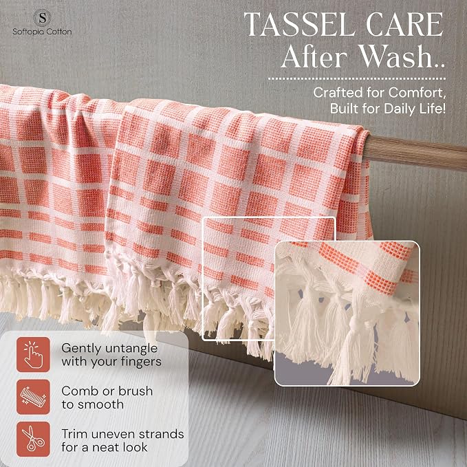 Matrix Dobby Kitchen Towels 12 Pack 100% Cotton, 16x26 Inches, Decorative Tea Towels with Handmade Tassels, Absorbent, Reusable Dish Cloths for Drying Dishes - Bright Orange, Natural