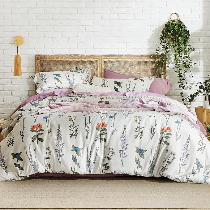 Bedsure Twin/Twin XL Comforter Set - Twin Extra Long Comforter Set, Cute Floral Dorm Bedding, 2 Pieces, 1 Soft Reversible Coconut White Botanical Flowers Comforter and 1 Pillow Sham