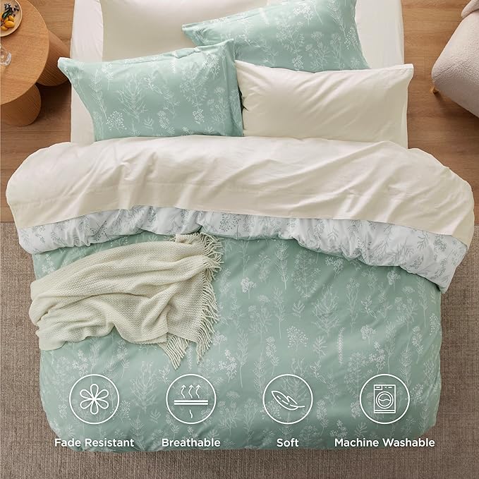 Bedsure Duvet Cover King Size - Reversible Floral Duvet Cover Set with Zipper Closure, Green Bedding Set, 3 Pieces, 1 Duvet Cover 104"x90" with 8 Corner Ties and 2 Pillow Shams 20"x36"